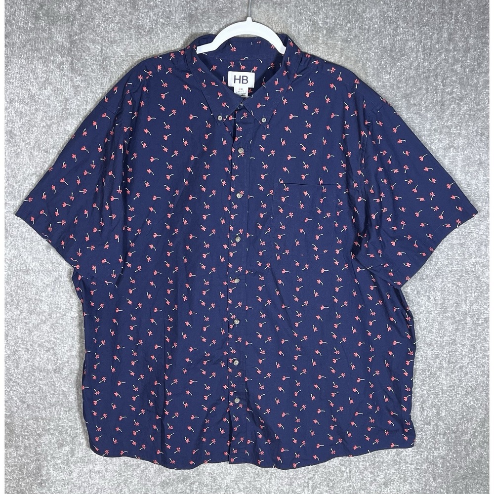 HB Harbor Bay Button Down Shirt Mens Sz 2XL Blue Red Floral Pocket Short Sleeve